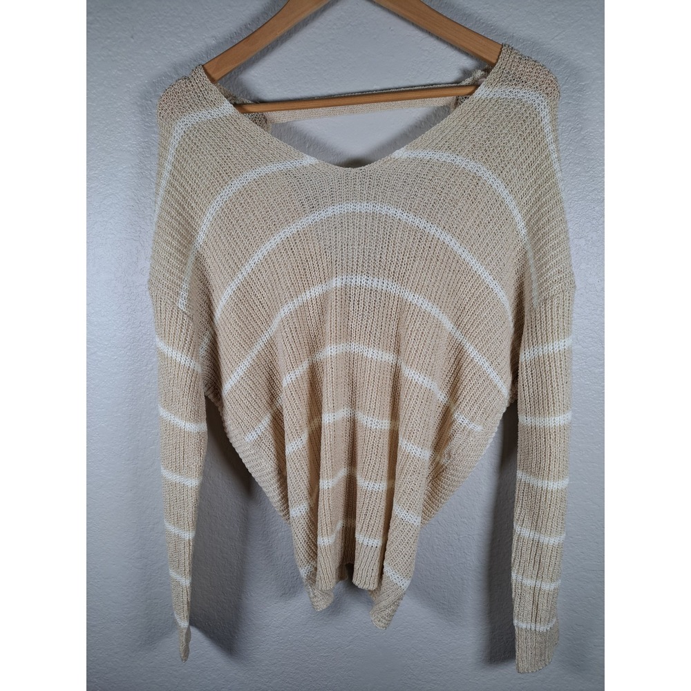 Mi Ami Tan White Striped Twist Back Open Knit Sweater V-Neck ST198367ST Medium